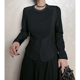 T恤小衫 Dan 显瘦气质长袖 修身 黑色设计感小众假俩件上衣女