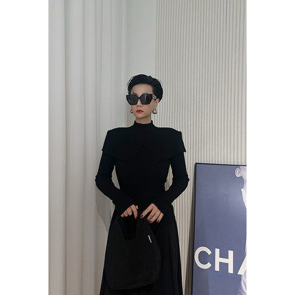 Dan Dan 暗黑风黑色高领针织衫女 披肩假俩件设计感上衣