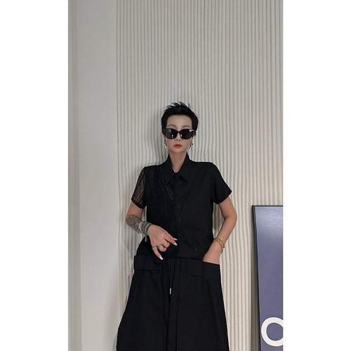 Dan Dan 设计师款夏季短袖衬衫女 AB面拼接风衬衣
