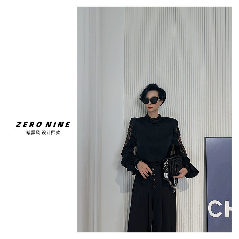 Dan Dan 暗黑风高领拼接袖子衬衫女 黑色法式高级感修身显瘦上衣