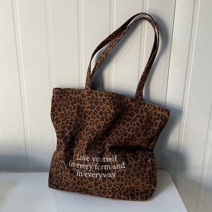 豹纹百搭休闲帆布包手拎单肩斜挎包小众原创日韩ins托特包学院风
