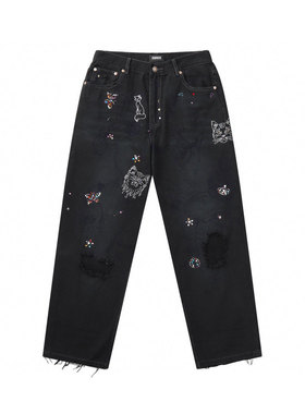 巴黎风春夏新品涂鸦烫满钻图案炭黑色宽松休闲破洞牛仔裤男女同款