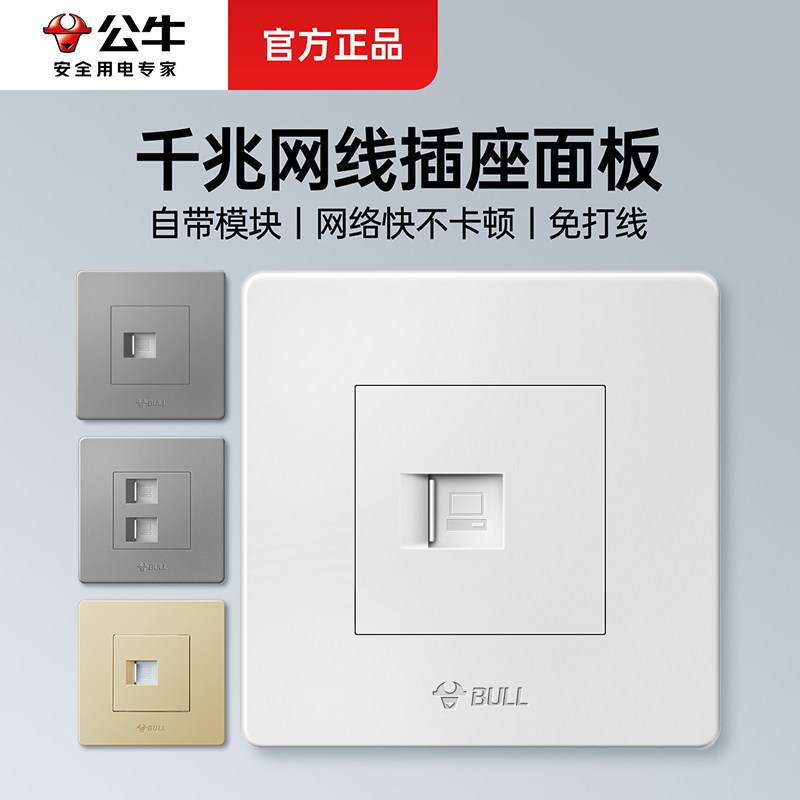 公牛网络面板网线插座面板双网线接口插座六类网络网线光纤86型