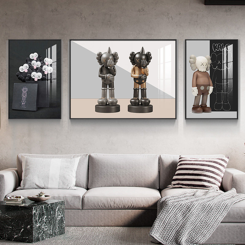 kaws潮牌客厅装饰画现代简约沙发背景墙挂画暴力熊联名公仔三联画