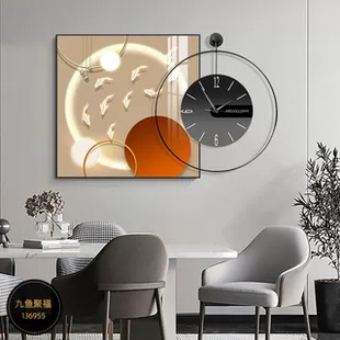 餐厅装 静音钟表画饭厅墙挂画 饰画现代轻奢高档餐桌背景墙壁画时尚