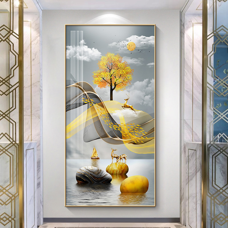 轻奢麋鹿玄关画现代简约客厅进门墙玄幻挂画走廊过道入户竖版壁画