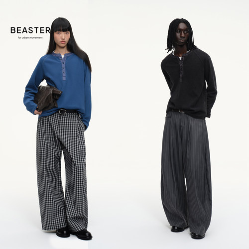BEASTER「华夫格水洗拼接」复古亨利领经典微宽松圆领T恤