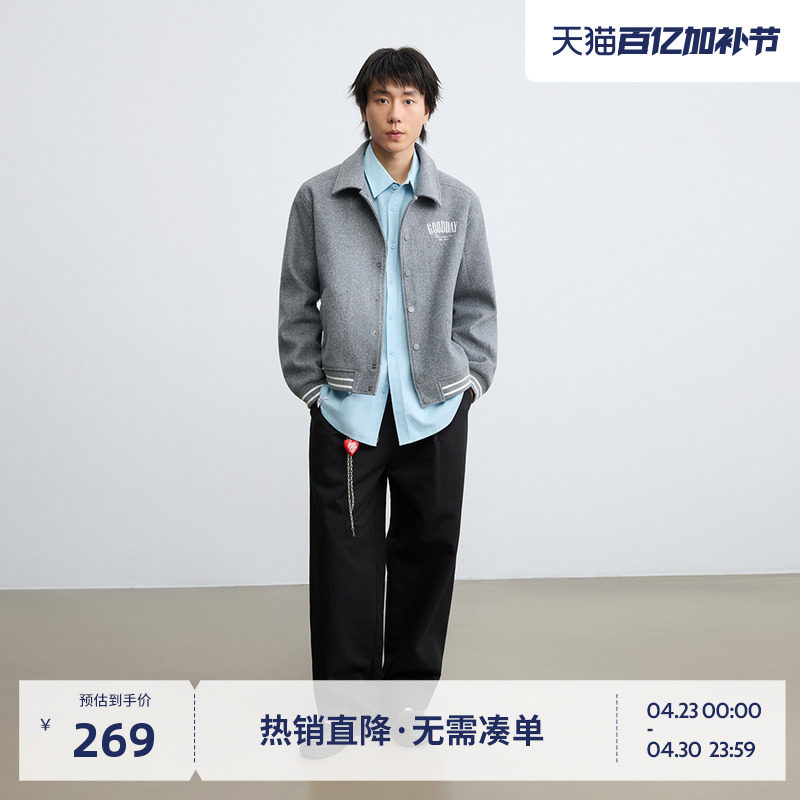 BEASTER美式刺绣棒球服早秋男女情侣款翻领短款夹克灰色外套