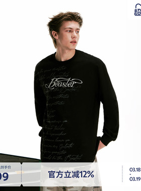BEASTER花体印花长袖T恤男美式新款纯棉透气宽松圆领情侣黑色上衣