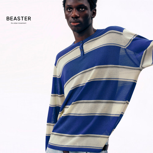 BEASTER「色织条纹」复古撞色条纹微透亨利领长袖针织衫