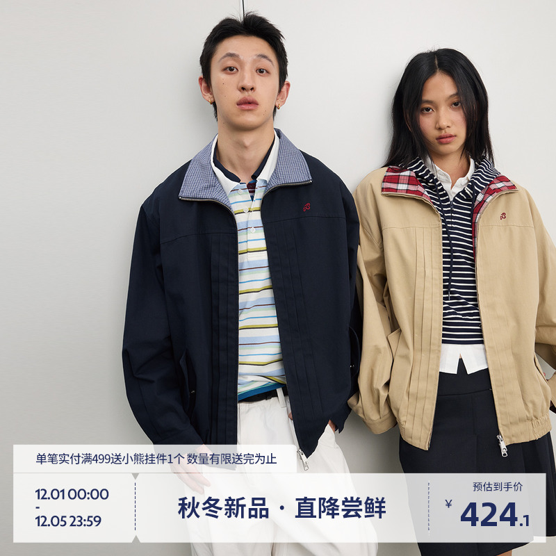 BEASTER假两件格子拼接翻领外套