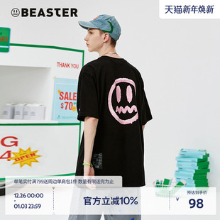 BEASTER鬼脸情侣短袖 T恤国潮嘻哈宽松上衣男女同款