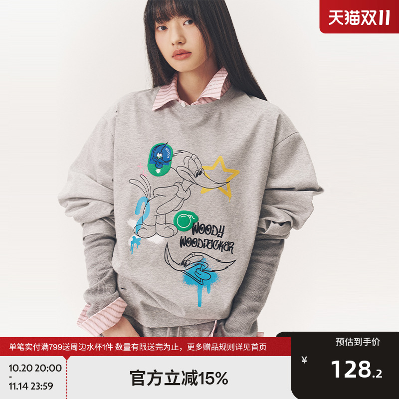 【啄木鸟伍迪联名】BEASTER破洞磨损图案长袖T恤女潮流百搭夏上衣