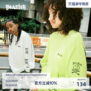 BEASTER骨头鬼脸长袖 休闲宽松上衣 白色T恤男字母重磅纯棉美式