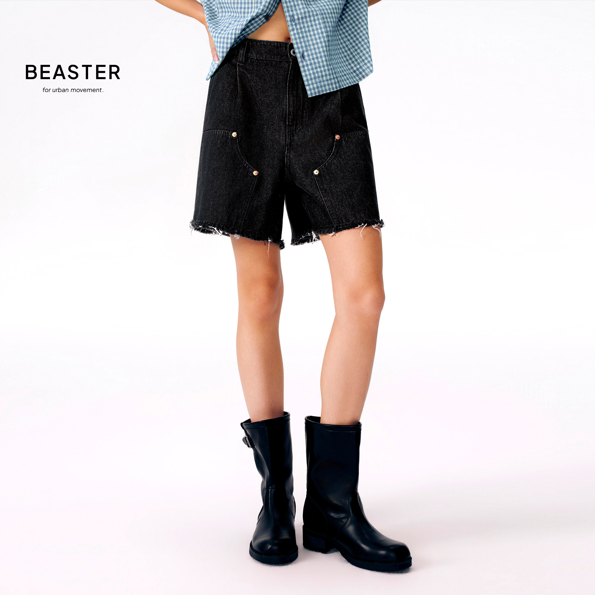BEASTER「复古水洗」都市随性毛边撞钉牛仔短裤图片