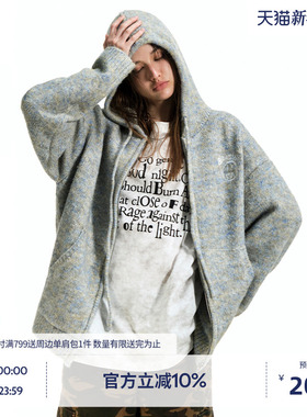 BEASTER鬼脸刺绣图案连帽针织开衫男秋季新款宽松复古毛衣外套女