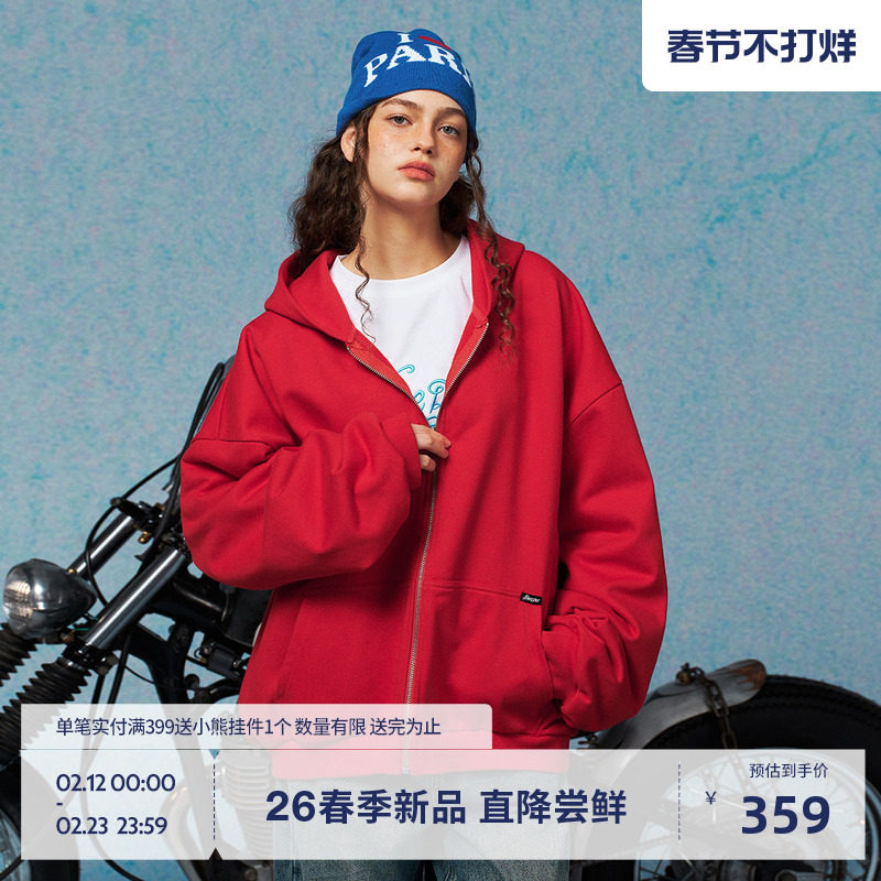 BEASTER鬼脸连帽开衫卫衣男2026春节外套女春季新品新年红色上衣