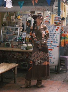 猫之旅店流浪吉普赛长裙复古民族风拼接印花雪纺半身裙印花度假裙