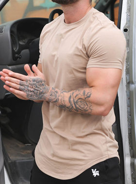 春季新款短袖肌肉型男健身兄弟修身纯色T恤透气弹力纯棉运动上衣