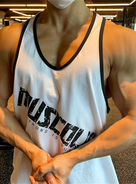 春夏新款健身运动背心撸铁训练衣服工字美背透气弹力无袖T恤男棉