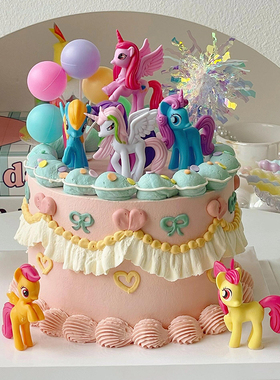 网红小马蛋糕装饰摆件独角兽彩虹木马摆件公主女孩生日烘焙插件