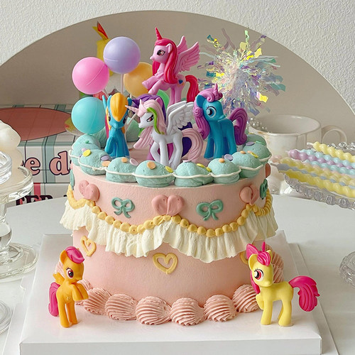 网红小马蛋糕装饰摆件独角兽彩虹木马摆件公主女孩生日烘焙插件