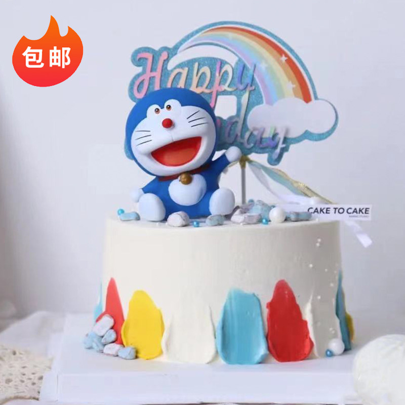 蓝胖子小猫蛋糕装饰摆件宝宝周岁生日快乐儿童生日派对蛋糕插件