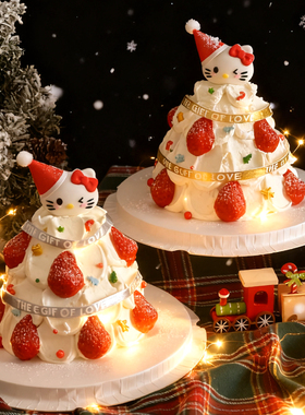 2025圣诞节草莓蛋糕装饰软胶kt猫摆件迷你小帽子丝带装扮插牌插件