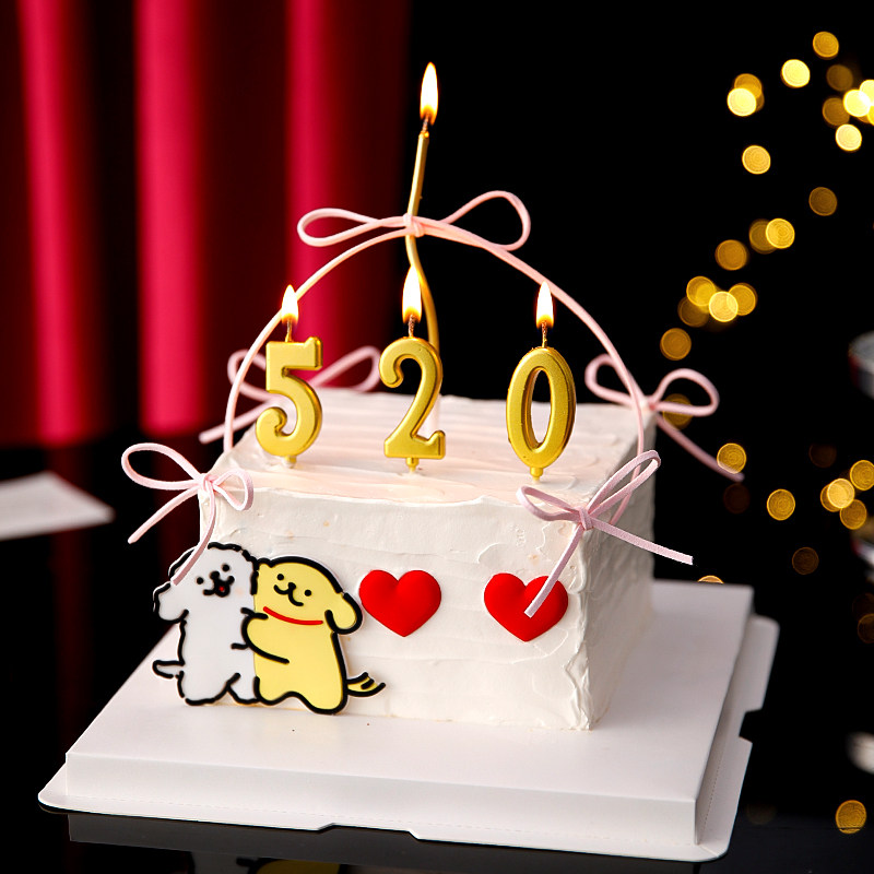 2025情人节蛋糕装饰软胶爱心线条狗数字蜡烛皮绳蝴蝶结丝带插件