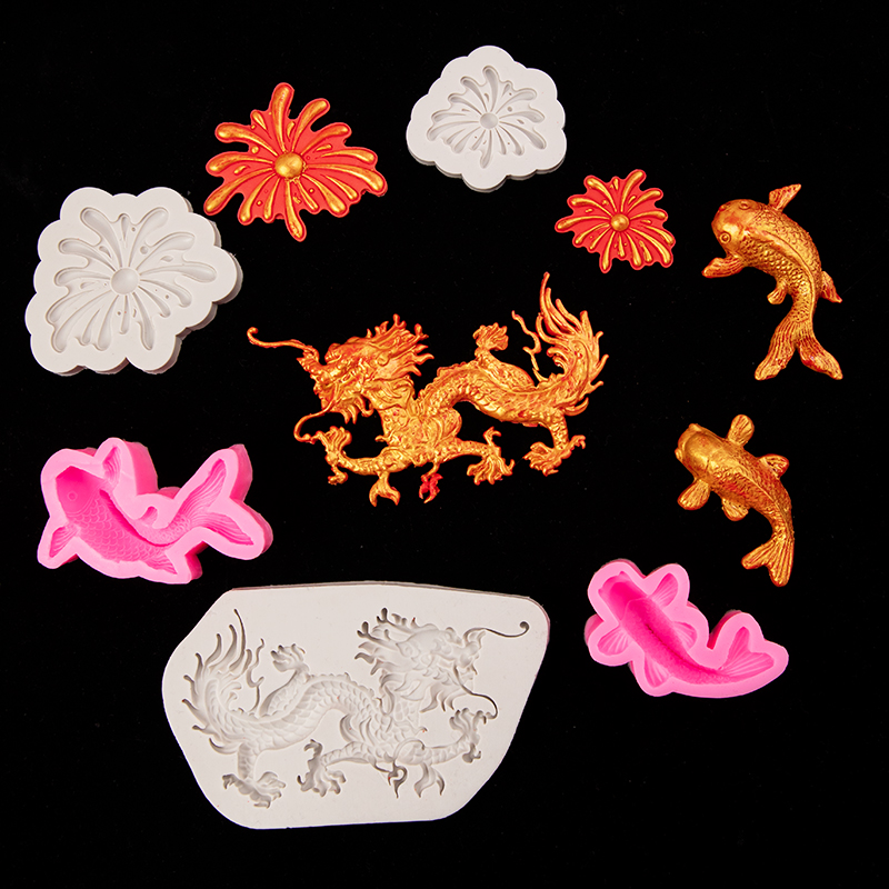2024新年龙年元旦翻糖硅胶模具锦鲤金鱼礼花立体蛋糕装饰DIY摆件