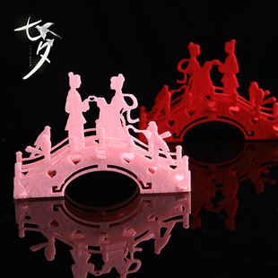 网红七夕情人节蛋糕装饰摆件新中式牛郎织女相会鹊桥烘焙插件插牌