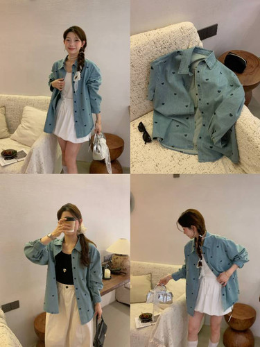 本涩美式复古慵懒风爱心牛仔衬衫外套男女春秋薄款休闲别致衬衣
