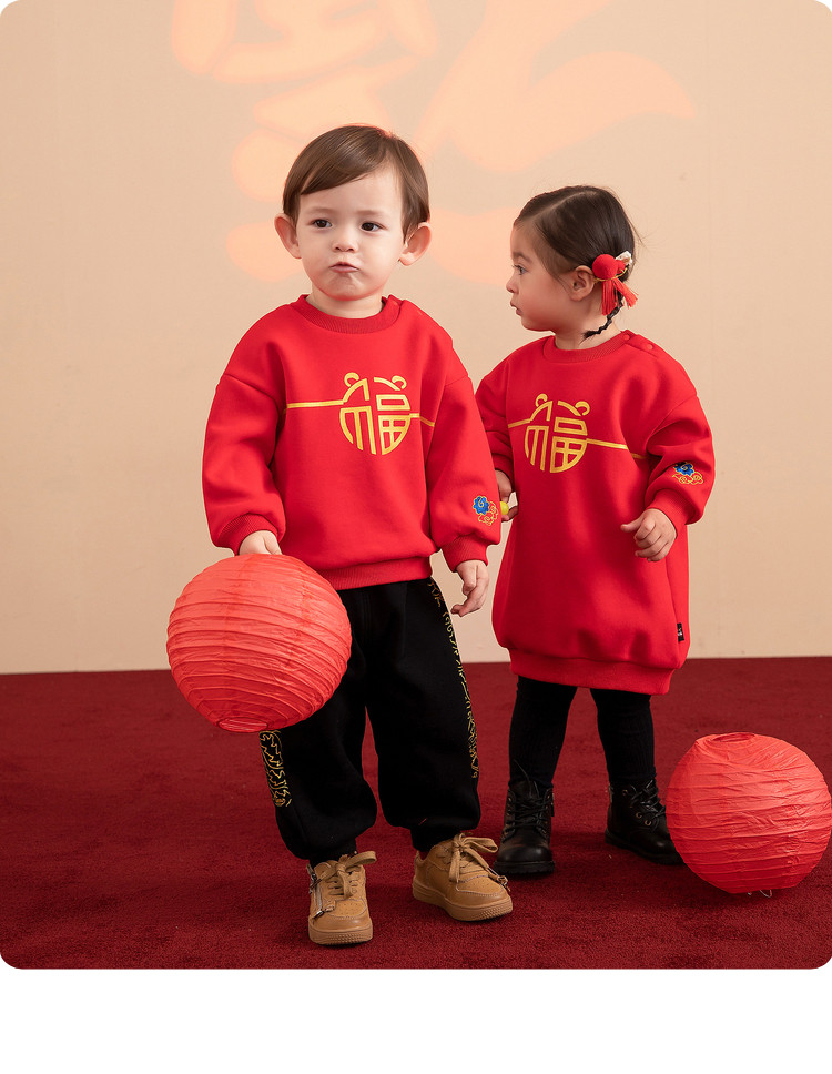 宝宝拜年服加绒加厚卫衣新年装唐装男童汉服女童裙子过年服冬