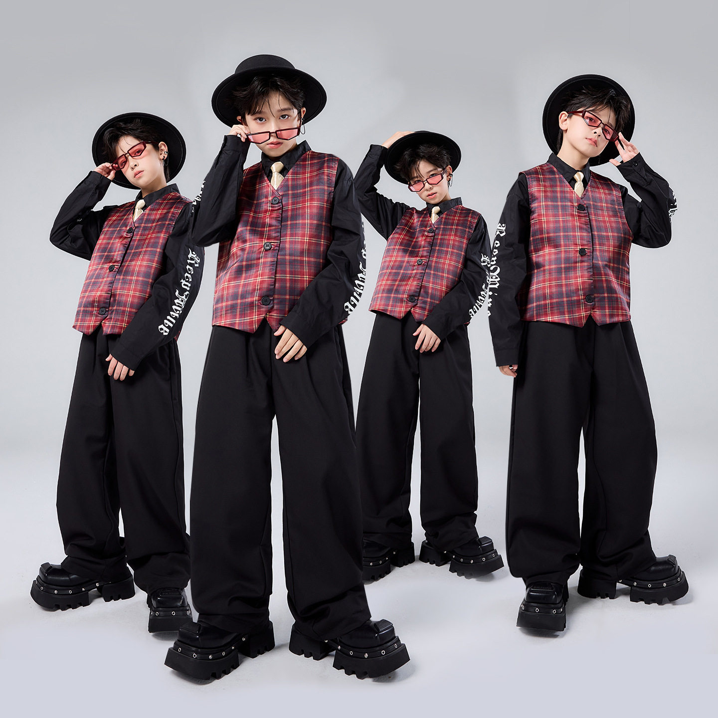 儿童爵士舞套装红格西装马甲潮服