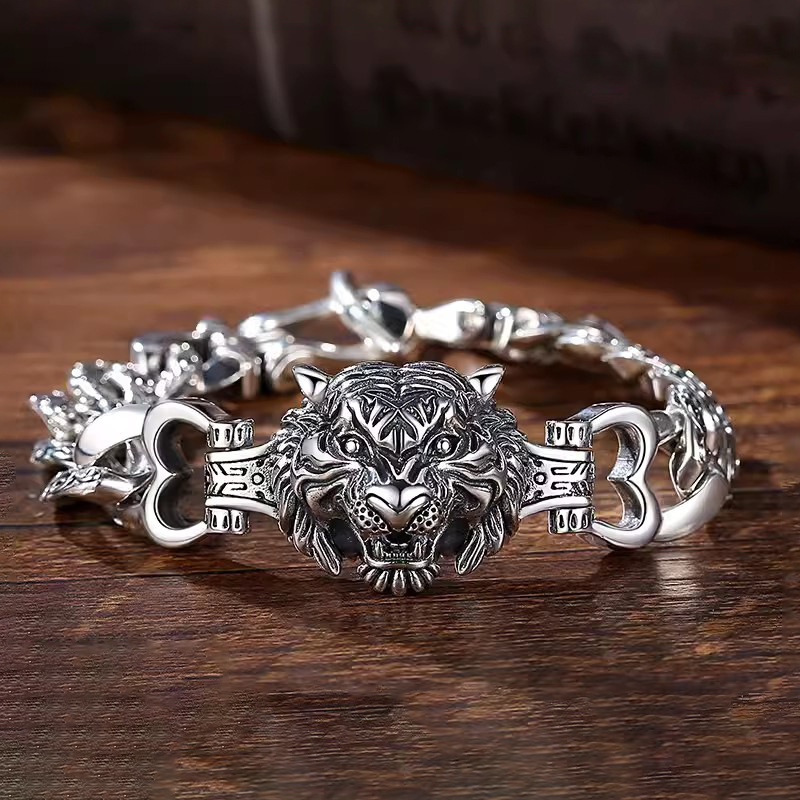 925纯银手链男士潮牌虎头首饰简约ins小众设计加粗款霸气手串