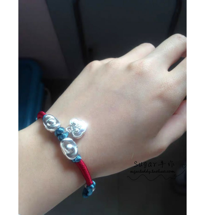 手镯手链3D硬银999长命锁元宝半镯女闺蜜纯银 本命年红绳