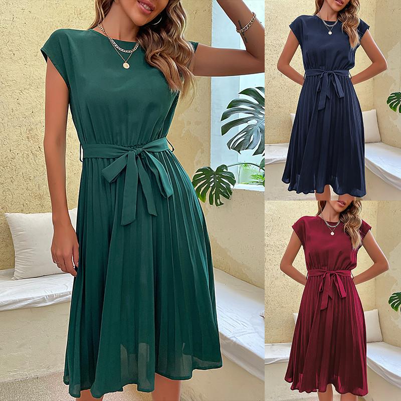 2XL百褶连衣裙 Short sleeved solid pleated women summer dress