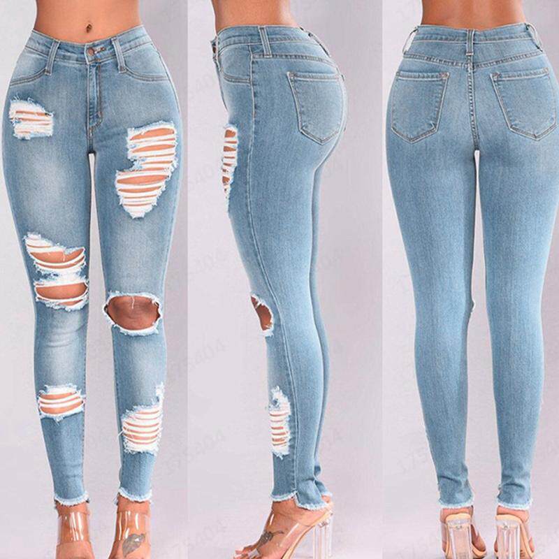 2024 Fashion elastic jeans ripped women ladies jeans pants女