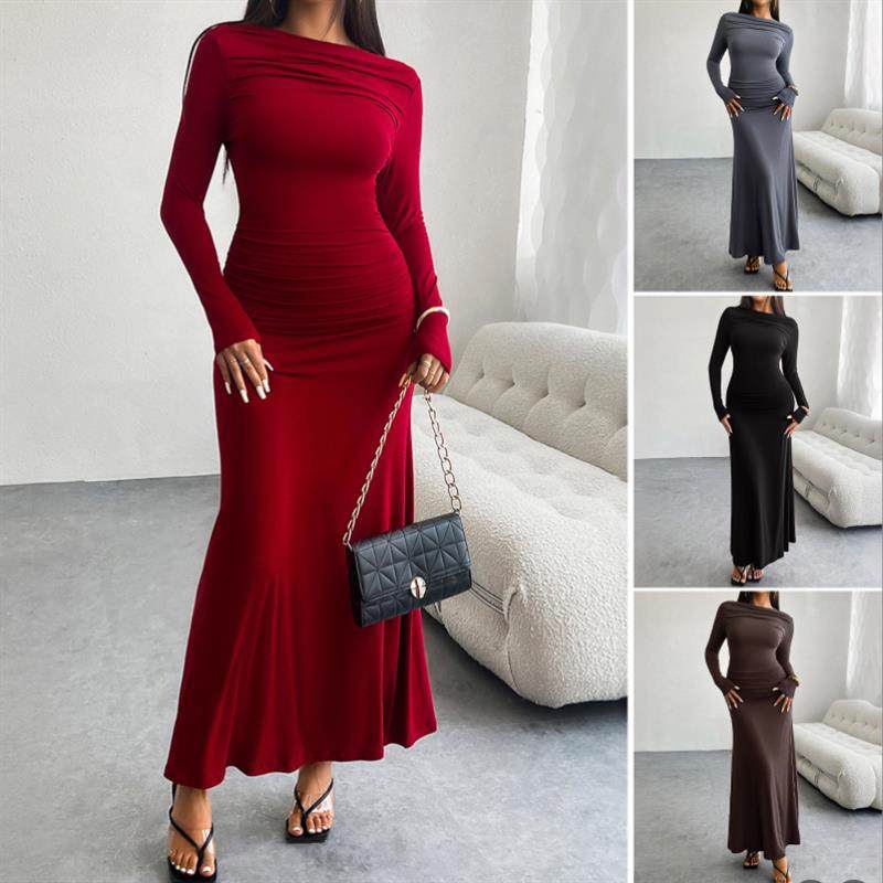秋冬连衣裙长裙Autumn women wine red wrapped hip long dresses