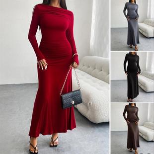 red wine wrapped hip dresses 秋冬连衣裙长裙Autumn long women