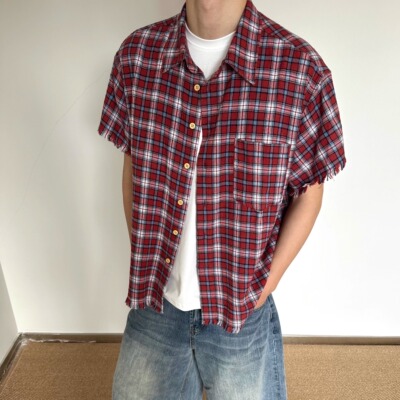 磨毛格纹手工拉须做旧短袖T恤