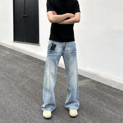 浅色磨白闪电竹节纹牛仔裤