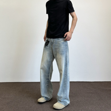 MDAG四季款韩版简约水洗浅蓝色猫须牛仔裤直筒拖地痞帅休闲情侣款