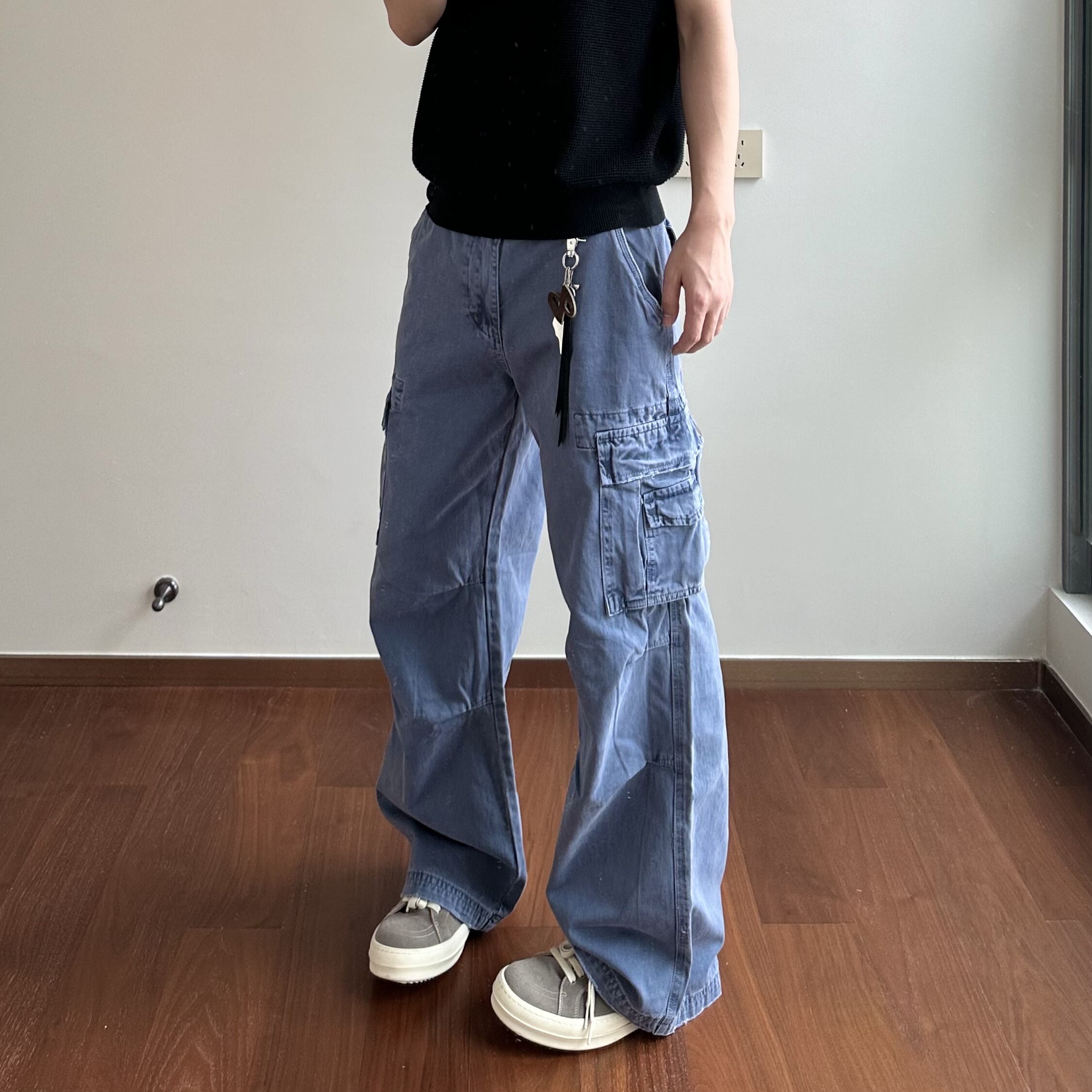 做旧口袋法工蓝工装裤