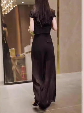 24329大爱美依缘夏季新款盐系轻熟黑色上衣薄纱裤子两件套女
