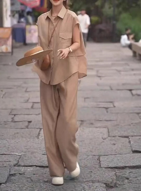 新款 25538大爱美依缘2025夏季纯色宽松翻领衬衫阔腿裤休闲套装女