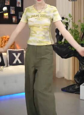 25512大爱美依缘2025夏季新款印花修身T恤宽松阔腿工装裤女潮