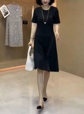 23312大爱美依缘2025夏季新款圆领简约拼接连衣裙中长款宽松显瘦
