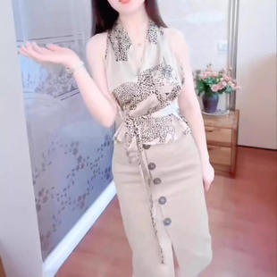 24565大爱美依缘夏季新款性感漏肩挂脖上衣高腰半身裙显瘦女