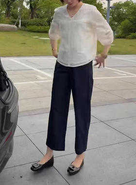 25682大爱美依缘2025夏季新款V领宽松洋气衬衫高腰九分裤显瘦女